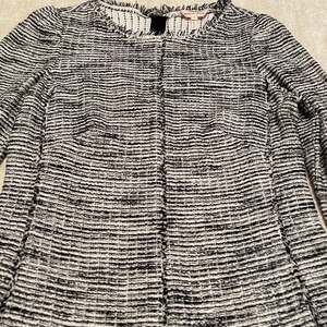 Rebecca Taylor Black White Boucle Tweed Fringe Blazer Jacket